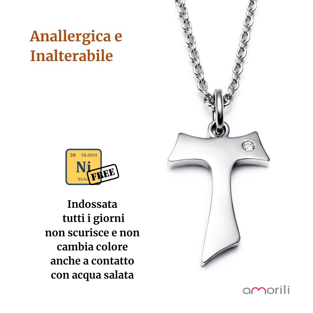 Collana Tau Francescano Uomo Donna in Acciaio Inox con Zircone Bianco – Pendente Religioso Cattolico Cristiano Simbolo di San Francesco – Gioiello Spiritualità Fede Regalo
