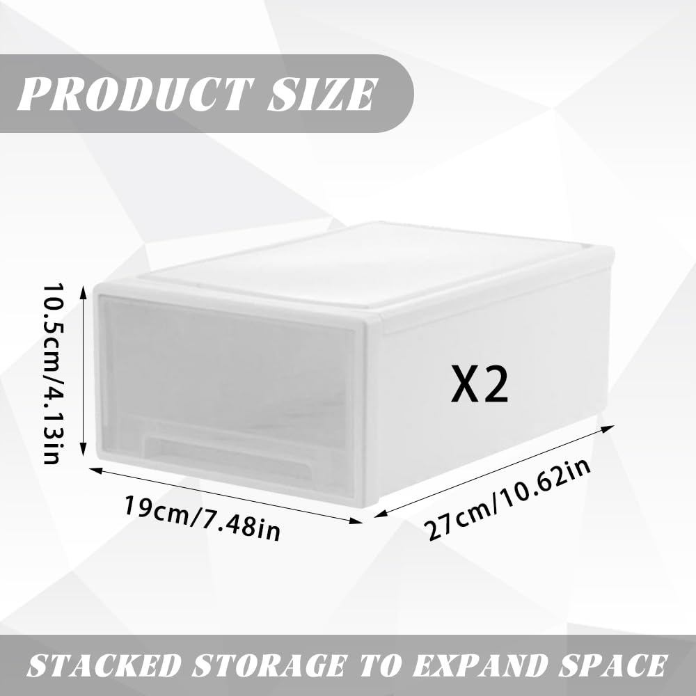 2PCS Cassetto Bianco Impilabile in Plastica - Portaoggetti Multiuso per Ufficio, Scrivania, Toeletta - Cassettiera Scatola Organizer
