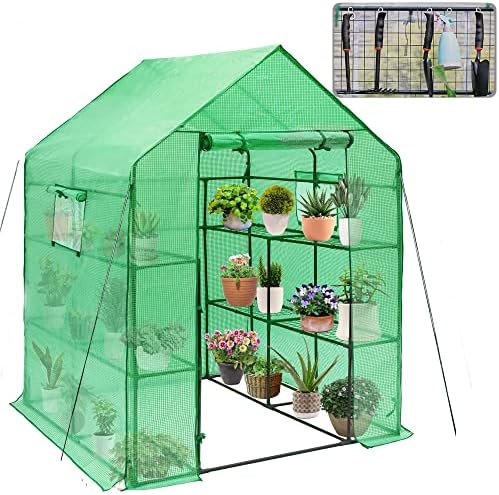 LAUREL CANYON Walk in Greenhouse with Sturdy 9 Shelves for Indoors & Outdoors with PE Cover, Roll Up Door and 2 Side Mesh Windows- 57" W x 56.5" D x 76" H