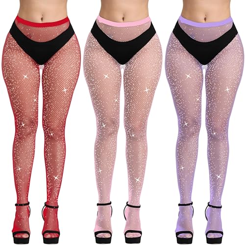 Image of 3 PCS Sexy Sparkle Rhinestone Fishnet Stockings Pantyhose, High Waist Sparkly Party Tights for Women