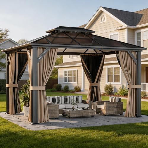 10' x 13' Aluminum Hardtop Gazebo with Double Roof...