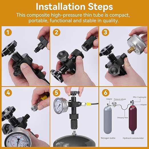 Image of Hydraulic Nitrogen Accumulator Charging Kit, Nitrogen Fill Kit, Nitrogen Pressure Test System with 7 Couplings, 3 Gauges(1500PSI /4000PSI / 6000PSI), and 1 Gas Hose (3 Gauges)