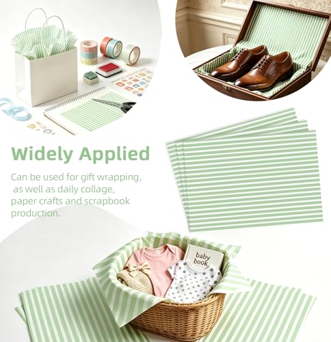 MUNILAIL 100 Sheets Sage Green Striped Tissue Paper 14 x 20 Inches Sage and White Tissue Paper Striped Gift Wrapping Paper for Birthday Wedding Baby Shower Gift Packing DIY Crafts by MUNILAIL - Used condition - Image 8