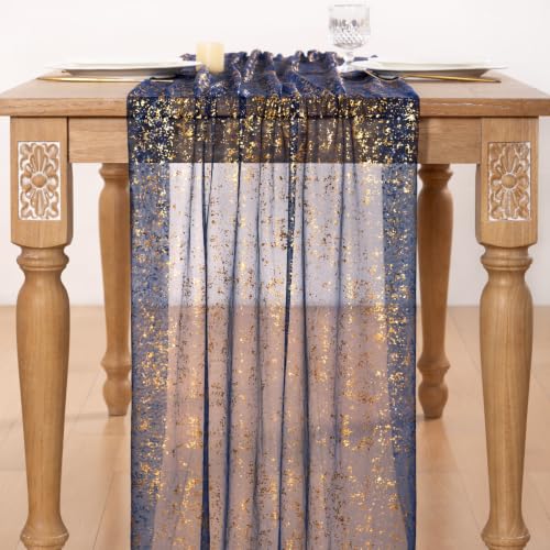 Image of Gold Glitter Table Runner Navy Blue Sheer Gauze Foil Table Runner 120 Inch