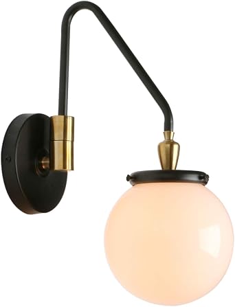 Pathson Swing Arm Hardwired Wall Sconce Light with Milk White Globe, Modern Adjustable Bedside Lamp Wall Vanity Lighting E26 Base, Wall Lamp Fixture for Living Room BathroomBlack