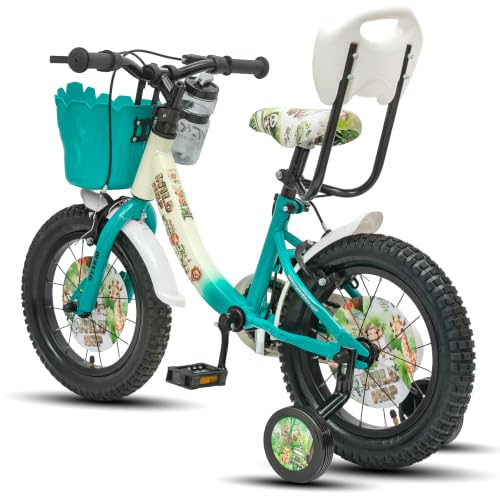 Image of WildHop 14T Kids Bicycle with Training Wheels, Backrest Seat, Basket & Safety Features for Toddlers (Cream Green, 14T)