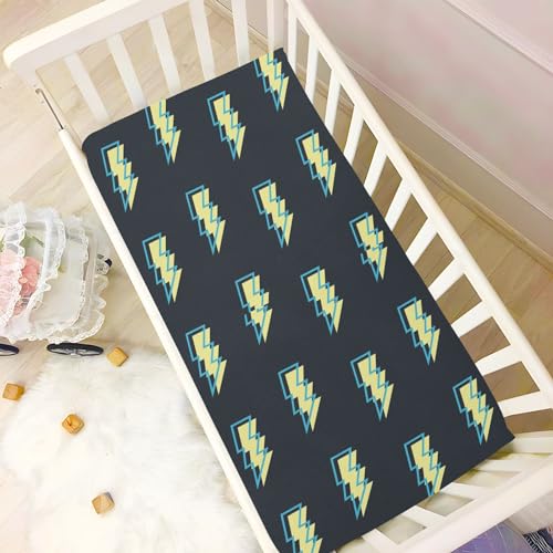 Image of Lightning Bolt Black Fitted Crib Sheets Stretchy Portable Playard Sheets for Baby Toddler, Breathable Soft Mini Crib Mattress 52 x 28 in for Boys and Girls