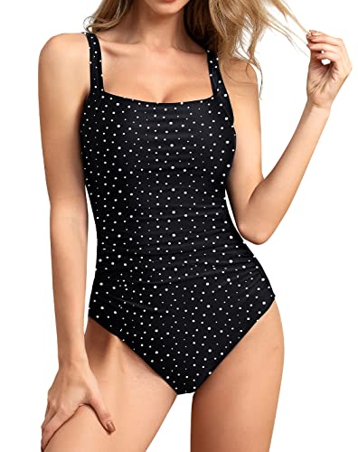 Upopby Women's Padded Push Up One Piece Swimsuits Tummy Control Swimwear Monokini Printed Bathing Suits Polka Dot Black 10 #TOP2