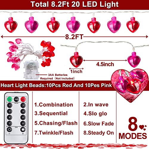 [ 8 Modes & Timer ] Valentine's Day Heart String Lights Decor Remote Control 8.2 Ft 20 Led Red Pink Heart Lights Battery Operated Valentines Lights Decorations For Home Outdoor Indoor Wedding #TOP1