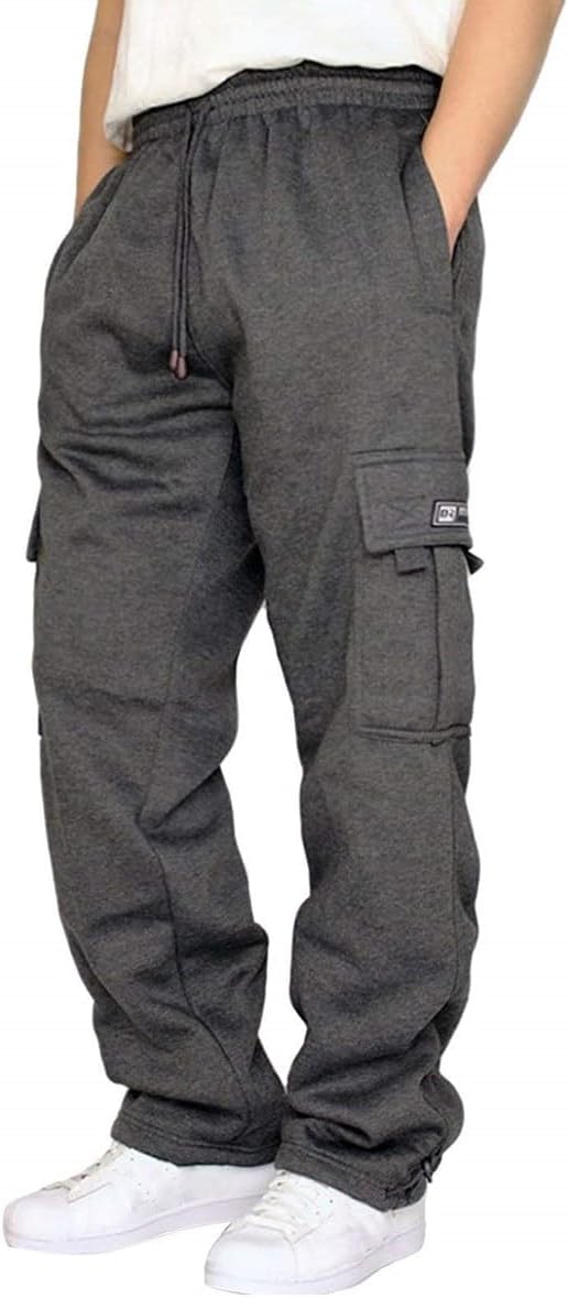 Men's Heavyweight Fleece Baggy Cargo Sweatpants,Drawstring Pants with Pockets,Straight Leg Casual Joggers for Hiking Athletic