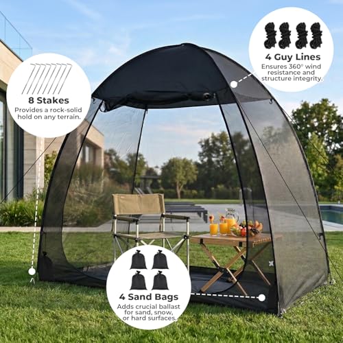 Image of Alvantor Pop Up Screen House Tent 7x4 FT, Snap-fit Black Mesh Screen Gazebo with Peaked Roof, Portable Screen Room Canopy Shelter with Sunshade & Sandbags for Camping, Backyard, Picnic