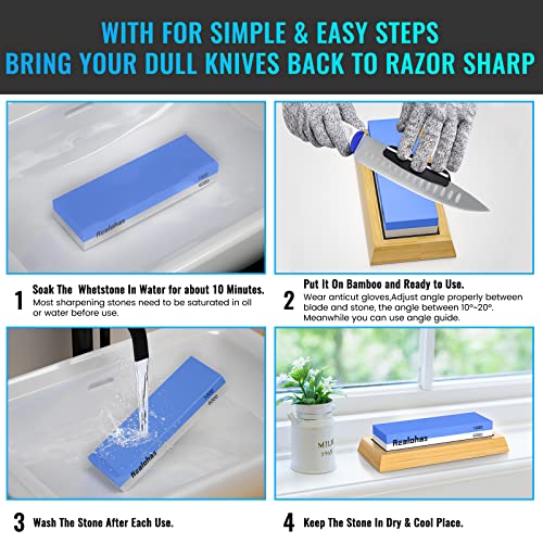 Whetstone Sharpening Stone Kit - Dual Sided 1000/6000 Grit Professional Knife Sharpener Stone Wet With Anti Cut Gloves, Sharpening Angle Guide, Non-Slip Bamboo Base, And Fix Stone #TOP3