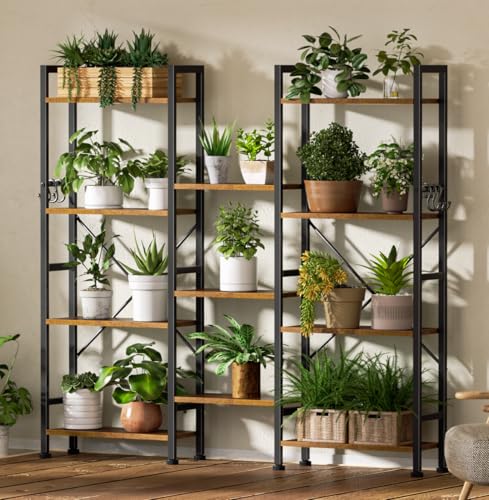 Image of Furologee Triple 4 Tier Bookshelf, Bookcase with 11 Open Display Shelves, Large Book Shelf with 6 Hooks, Rustic Bookshelves Storage Organizer, Decorative Shelving Unit for Living Room, Home Office
