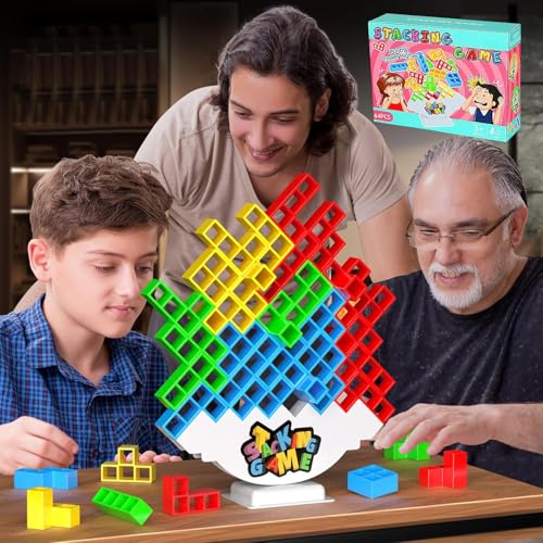 DUHLnote 64PCS Stack Game for Adult & Kids Tetra Board Tower Games for Family Travel Party 2 Players Balance Stacking Toy Team Toys Building Block