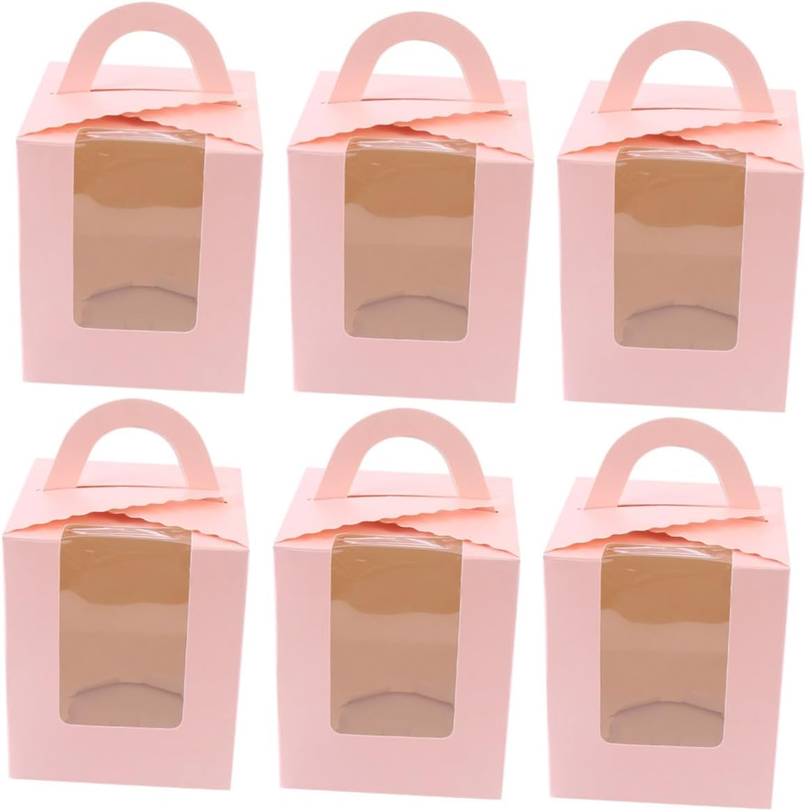 50pcs Pink Paper Cupcake Boxes with Window and Handle, Single Muffin Holder Dessert Containers for Wedding and Party Use