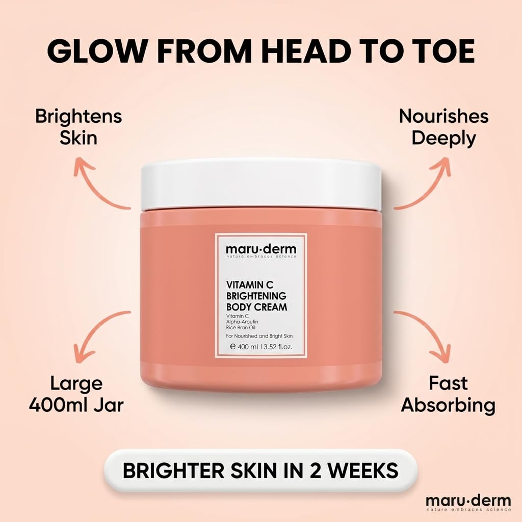 Maruderm Vitamin C Brightening Body Cream - Daily Hydration with Alpha Arbutin & Rice Bran Oil - Hydrating Cream for Dark Spots & Uneven Skin Tone - Smooth & Fresh Looking Every Day - 400ml