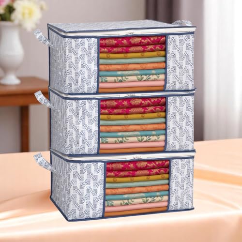 Image of Homestrap Set of 3 Heavy-Duty Clothes Storage Bag - 30L Capacity | Moistureproof & Dustproof Saree Cover Bags | Ideal Wardrobe Organizer for Sarees, Suits, Shirts, Kurtis & More - White