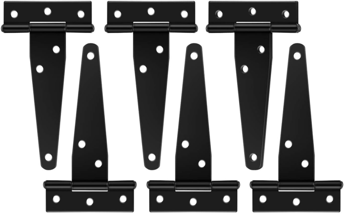 6pcs Heavy Duty Hinges 4 Inch Black T-Triangle Door Hinge for Wood Fence Warehouse Door Shed Door Cabinet Hinge Hardware