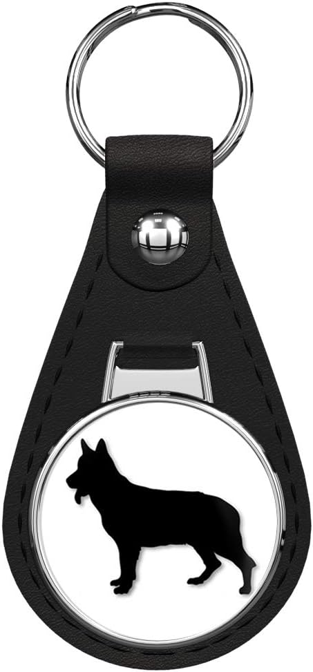 German Shepherd Dog Breed Black Leather Keychain with Silver Keyring Key chain