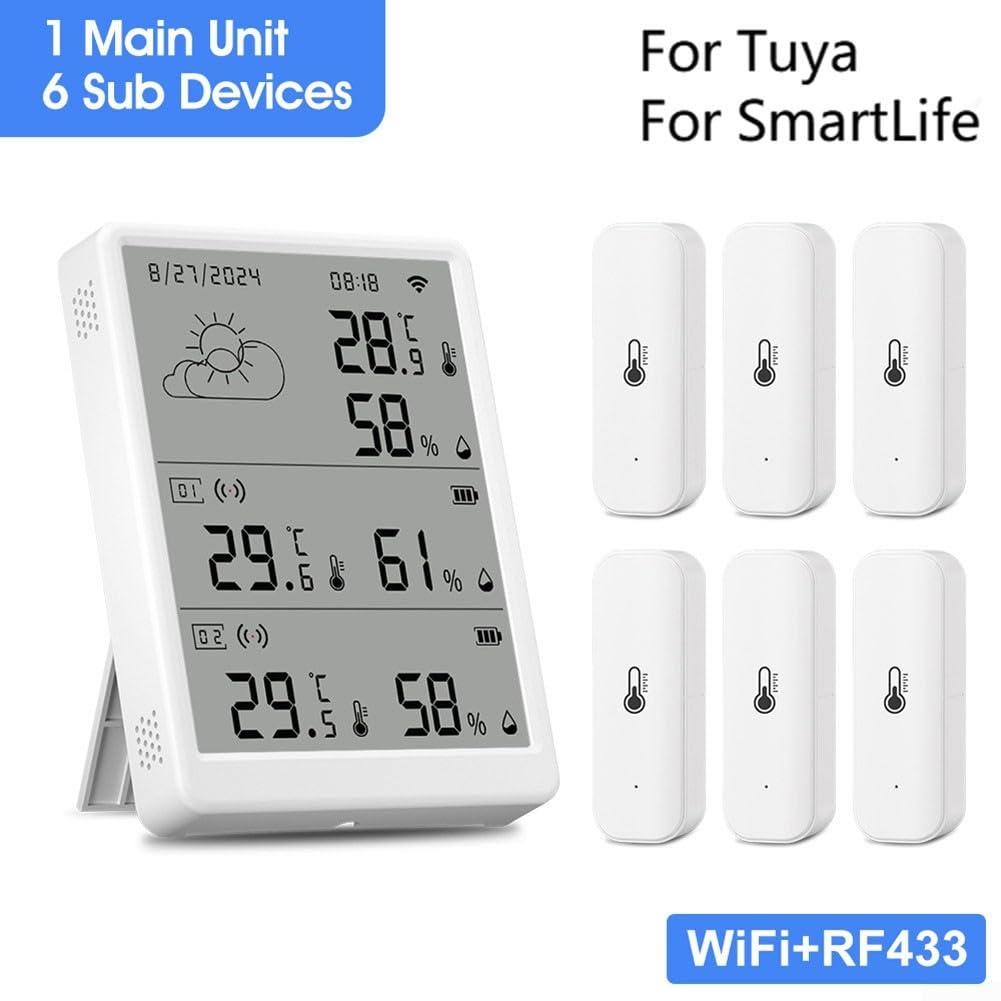 Sensore igrometro Wlan per Tuya per SmartLife, sensore di umidità della temperatura, termometro Wlan con app per casa serra (1 stazione base + 6 sensori)