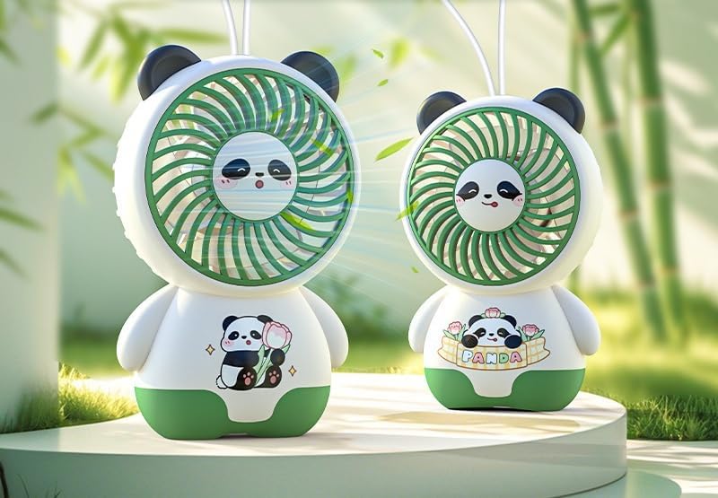 Image of DEOXY Portable Panda Design USB Rechargeable Mini Fan, Handheld Personal Cooling Fan with 3 Speeds, White and Green