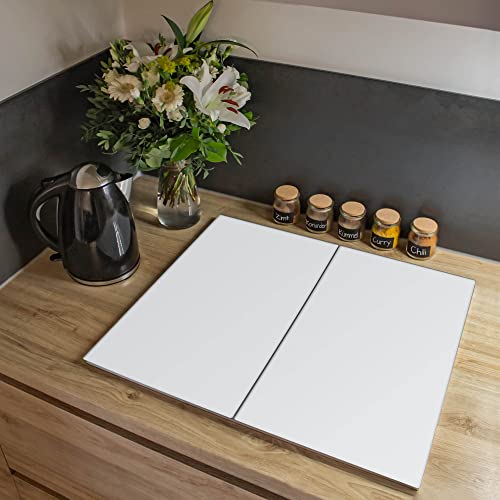 banjado Herdabdeckplatte Glas 2-teilig 60x52cm - Schneidebrett Herdabdeckung - Herdabdeckplatten Ceranfeld 2-teilig - Schneidebrett Glas - Motiv weiß