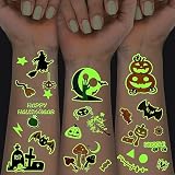 124 Pcs Halloween Temporary Tattoos Glow In Dark For Kids, Waterproof Glowing Luminous Fake Tattoo Stickers for Halloween Party, Jack-O-Lantern, Witch, Ghost Realistic Tattoo Sticker For Boy And Girls