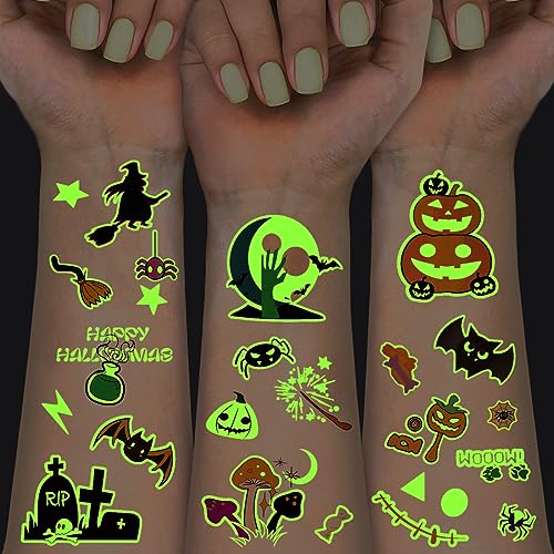 124 Pcs Halloween Temporary Tattoos Glow In Dark For Kids, Waterproof Glowing Luminous Fake Tattoo Stickers for Halloween Party, Jack-O-Lantern, Witch, Ghost Realistic Tattoo Sticker For Boy And Girls