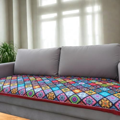 Image of Homerz Premium 1 Seater Velvet Sofa Panel Cover with Digital Prints | Anti-Slip Backing (Mandala, 1 Seater)