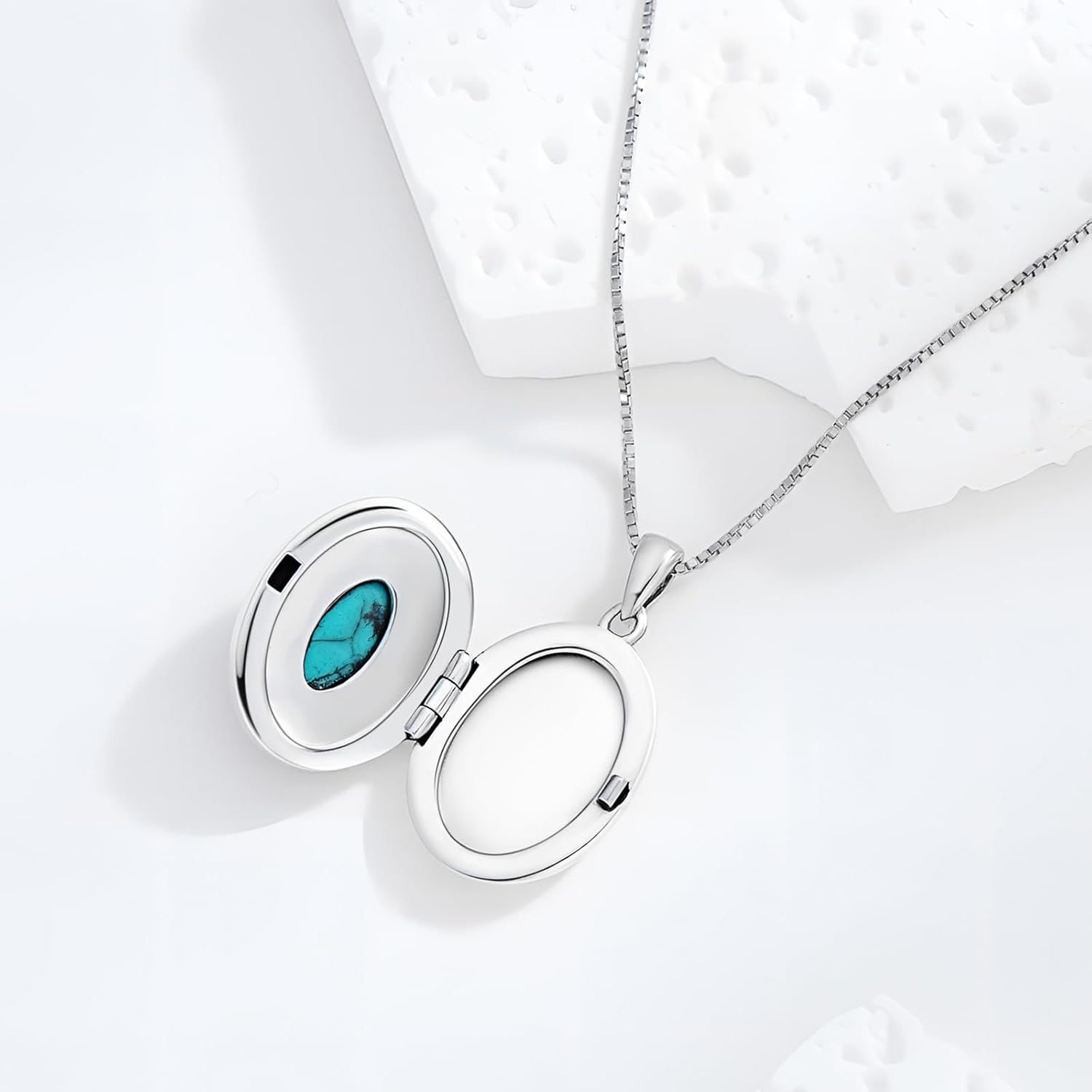 Locket Necklace Sterling Silver Oval Turquoise Flower Pendant Holds Pictures Vintage Style Photos Locket Memorial Jewelry Gifts for Women Men Loved One - Image 3