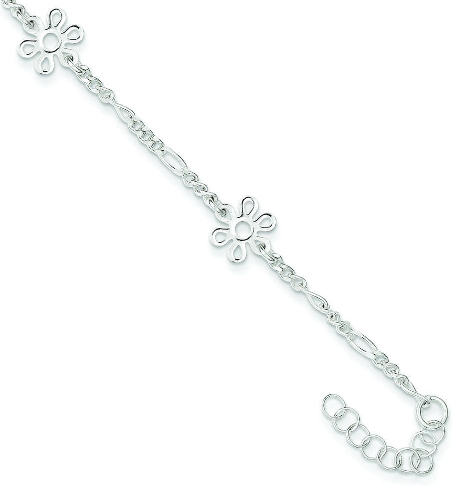 Sterling Silver Polished Flower Jewelry Chain Anklet 9" With 1" Extension