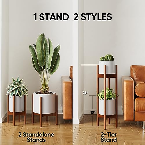MUDEELA 2 Pack Indoor Plant Stands, 2 Tier Tall Plant Stand 30 inches, Mid Century Bamboo Plant Stand, Adjustable Width 8 - 12 inches, Fits Pot Size of 8 9 10 11 12 inches, Pot & Plant Not Included, Brown - Thumbnail 4