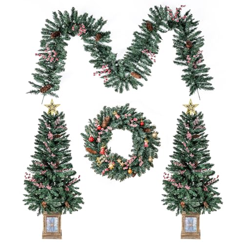Image of COSTWAY Set of 4 Christmas Trees with Garland and Wreath, 2 Pack Potted Entrances Trees with Natural Pine Cones, Frosted Red Berries and Treetop Star, Seasonal Holiday Decoration for Front Porch Party