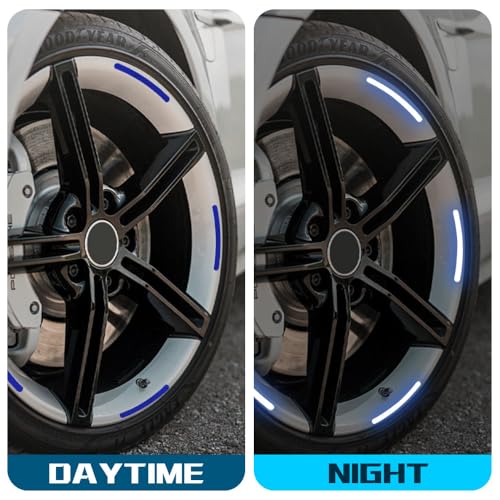 Image of 20PCS Reflective Car Wheel Decorative Stripe Stickers, Reflective Car Decal, Anti-Scratch Reflective Rim Stickers, Night Safety Warning Car Stickers Universal for Vehicles Motorcycles (Blue)