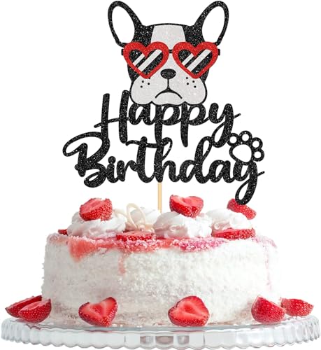 Happy Birthday French Bulldog Cake Topper, Puppy Happy Birthday Party Cake Supplies, Animal/Pet Puppy dog Theme Birthday Party Supplies, Black＆Red Glitter