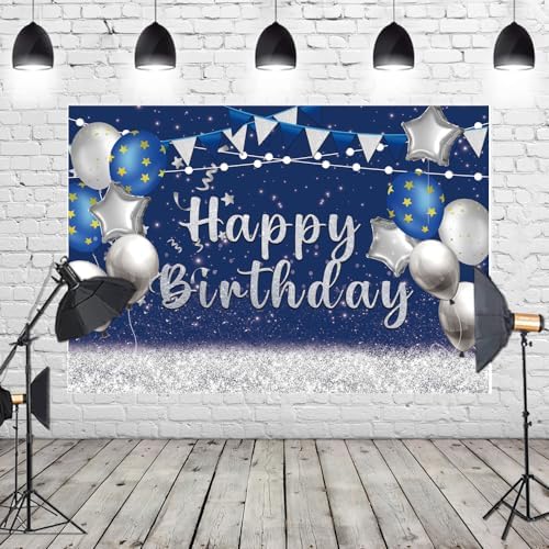 Blue Silver Happy Birthday Backdrop Banner - 6x3.6 Ft Party Decor Photo Background With String
