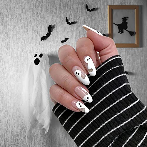Halloween Press on Nails with White Ghost Devil Cute Design