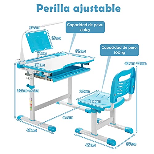 COSTWAY Set Escritorio y Silla para Niños +6 Años, Pupitres Infantil Altura Ajustable y Reclinable, Escritorio Infantil con Luz LED, Atril para Libros, Portalápices, 64X49X52-79cm Azul - imagen 7
