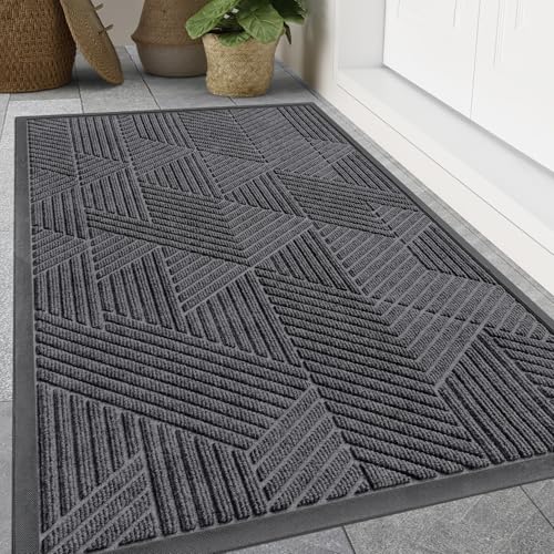 Image of Smiry Front Door Mat Outside Entrance, Heavy Duty Sturdy Natural Rubber Doormat, Trap Dirt and Moisture, Easy Clean Low Profile Mats for Indoor Outdoor Entry, Irregular Triangle (47x32, Light Grey)