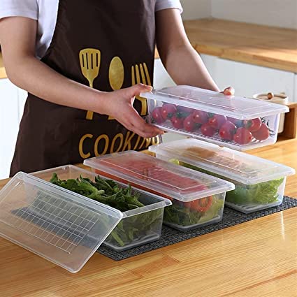 Image of Fridge Storage Boxes Fridge Organizer with Removable Drain Plate and Lid Stackable Plastic Freezer Storage Containers for Fish, Meat, Vegetables, Fruits (1500ML) (FISH CONTAINER) (4)