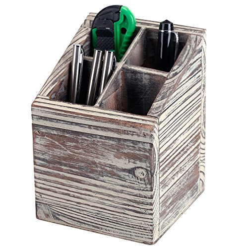 MyGift Torched Brown Wood Desktop Caddy with 4 Compartments, Cubed Shaped Office Supply Pen Pencil Cup Holder Storage Box Organizer Bin with Slant Top