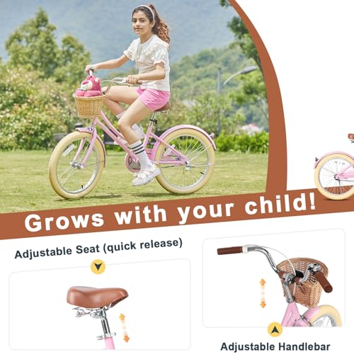 Image of Glerc Little Molly 12-20 Inch Kids Retro Cruiser Bike for 2-13 Year Old with Wicker Basket & Training Wheels /Kickstand, Multiple Colors