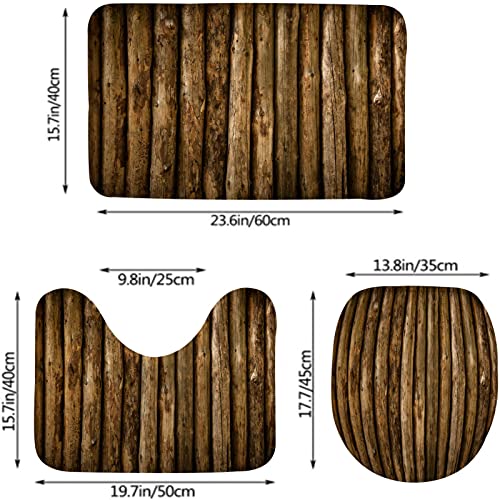 3-teiliges Badezimmerteppich-Set, holzbraune Blockwand, waschbare Badeteppiche, rutschfest, mit Rückenpolster, Konturteppich und Toilettendeckelbezug – Bild 4