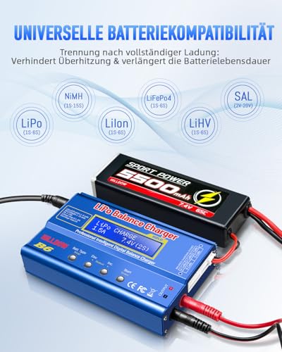 B6 Akku-Balance-Ladegerät, 80W Lipo-Balance-Ladegerät/-Entlader mit Netzteil für NiMH (1–15s), LiPo/Li-Ionen/Life-Akku (1–6s), RC-Hobby-Akkuladegerät, XT-60/JST/T-Anschlüsse