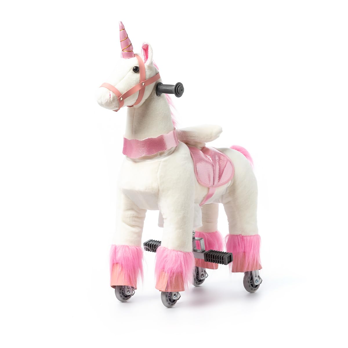 Caballo mecánico Infantil de Peluche Unicornio Rosa Talla S con Pedales Ruedas PU Asiento ergonómico y Asas de Madera Ponyride Iris ATAA Toys