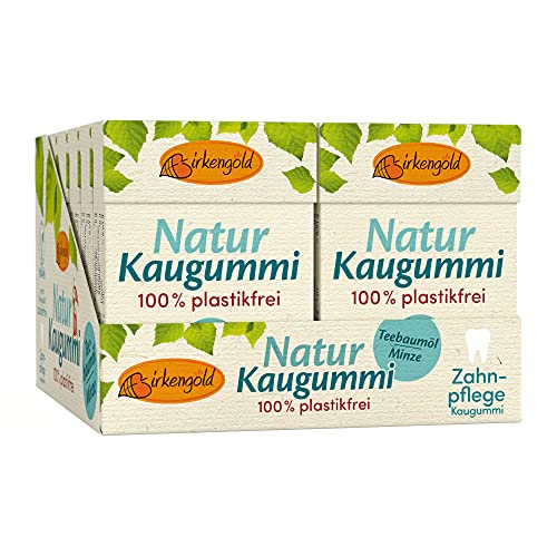 Birkengold Natur Kaugummi Teebaumöl-Minze | plastikfrei | 12 Stk. | Natürliche Kaumasse (Chicle) | Ohne Erdöl | Zahnpflegend | Zuckerfrei | Umweltfreundlich