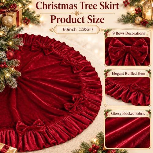 Wironlst 60" Burgundy Velvet Christmas Tree Skirt with 9 Velvet Bows, Elegant Ruffle Red Large Tree Skirt for 7FT–9FT Christmas Trees,Luxury Holiday Home Decor for Living Room & Christmas Party Décor - image 5