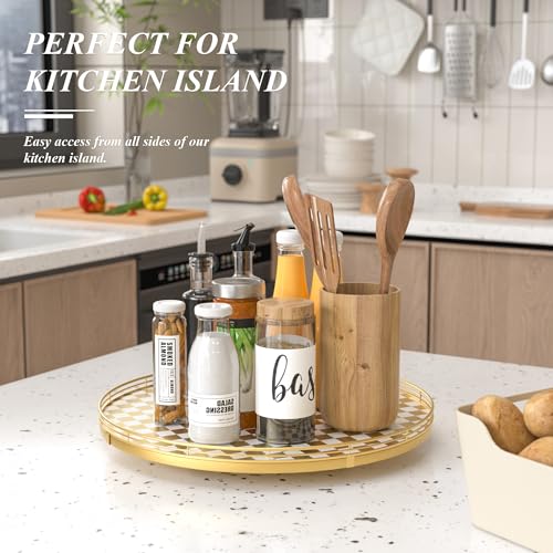 Image of Premium Rubber Wood Lazy Susan Turntable, Glod White Checkerboard Decorative Serving Tray, Hand-Welded Metal Railing, Stable Rotating Organizer for Dining Table, Kitchen Counter, Coffee Table Decor