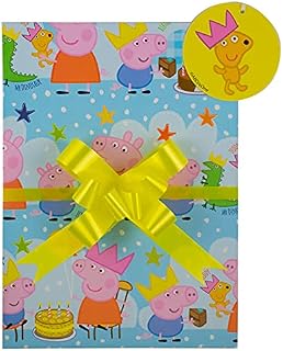 Peppa Pig Gift Wrap Pack, 2 Sheets Wrapping Paper, 2 Tags and 2 Yellow Pull Bows, Packaged in an A4 Boarded Envelope for Protection, Child's Boy Girl Birthday Gift Present