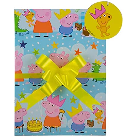 Peppa Pig Gift Wrap Pack, 2 Sheets Wrapping Paper, 2 Tags and 2 Yellow Pull Bows, Packaged in an A4 Boarded Envelope for Protection, Child's Boy Girl Birthday Gift Present Cover